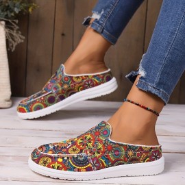 Women's Trendy Canvas Shoes, Casual Floral Pattern Outdoor Backless Shoes, Lightweight Slip On Mule Sneakers