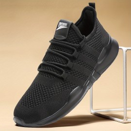 Men's Trendy Lace Up Knit Fabric Breathable Running Shoes, Comfy Soft Sole Shock Absorption Sneakers