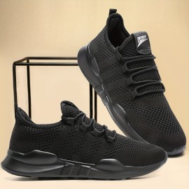 Men's Trendy Lace Up Knit Fabric Breathable Running Shoes, Comfy Soft Sole Shock Absorption Sneakers