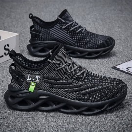 Plus Size Men's Trendy Woven Knit Breathable Solid Blade Type Shoes, Comfy Non Slip Soft Sol Sneakers For Men's Outdoor Activities