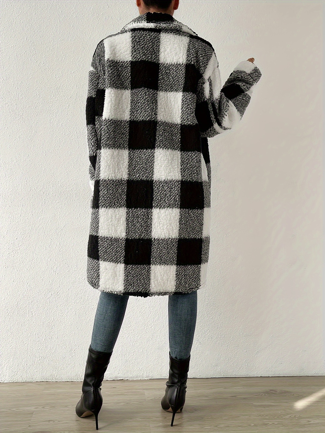 plaid pattern teddy coat elegant open front long sleeve outerwear womens clothing details 1