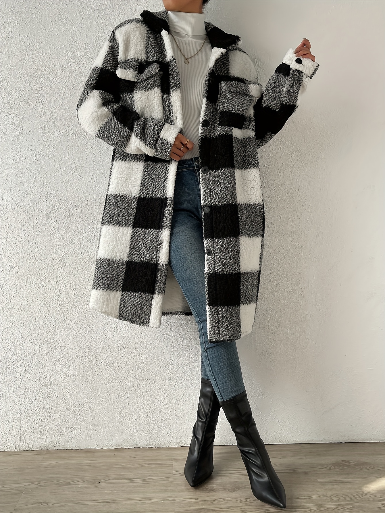 plaid pattern teddy coat elegant open front long sleeve outerwear womens clothing details 2