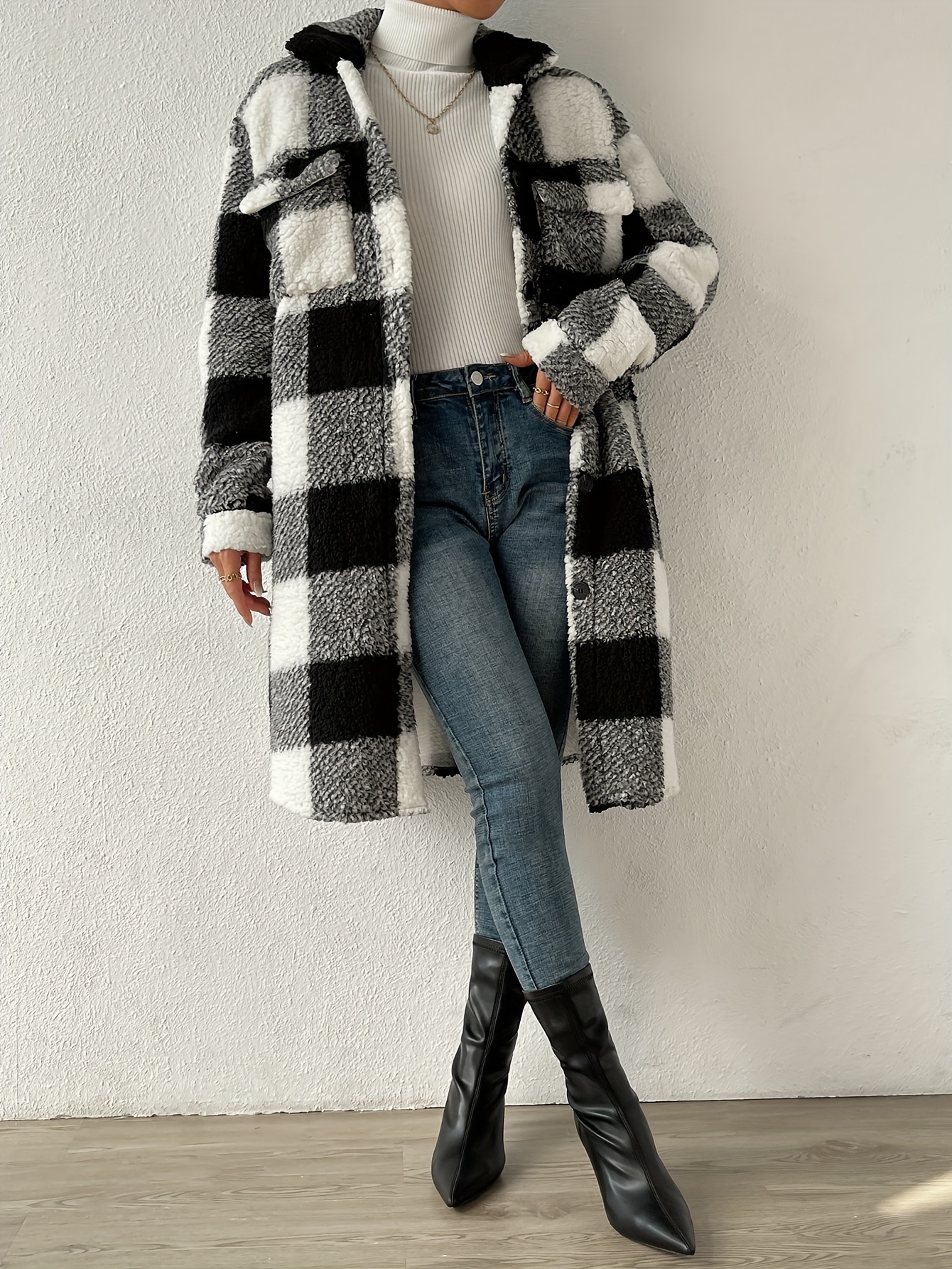 plaid pattern teddy coat elegant open front long sleeve outerwear womens clothing details 3