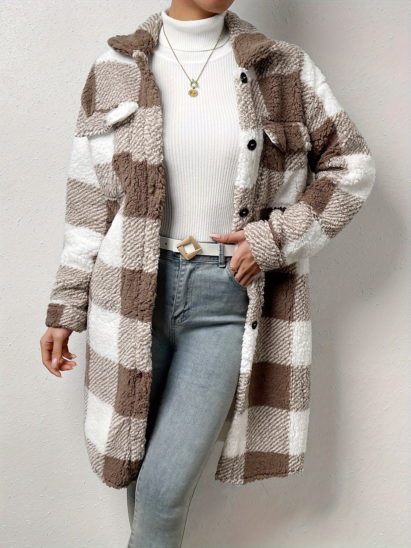 plaid pattern teddy coat elegant open front long sleeve outerwear womens clothing details 5