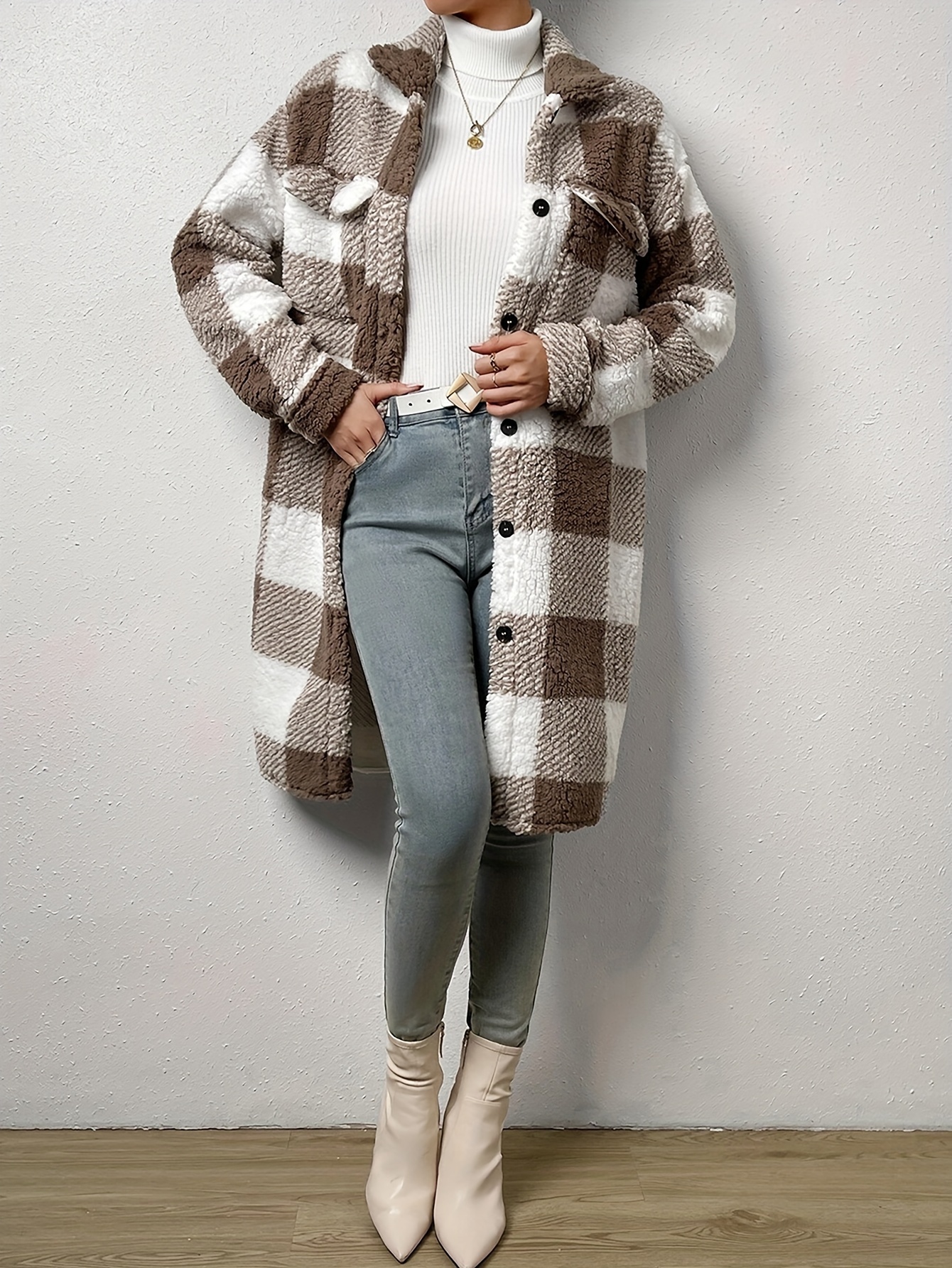 plaid pattern teddy coat elegant open front long sleeve outerwear womens clothing details 7