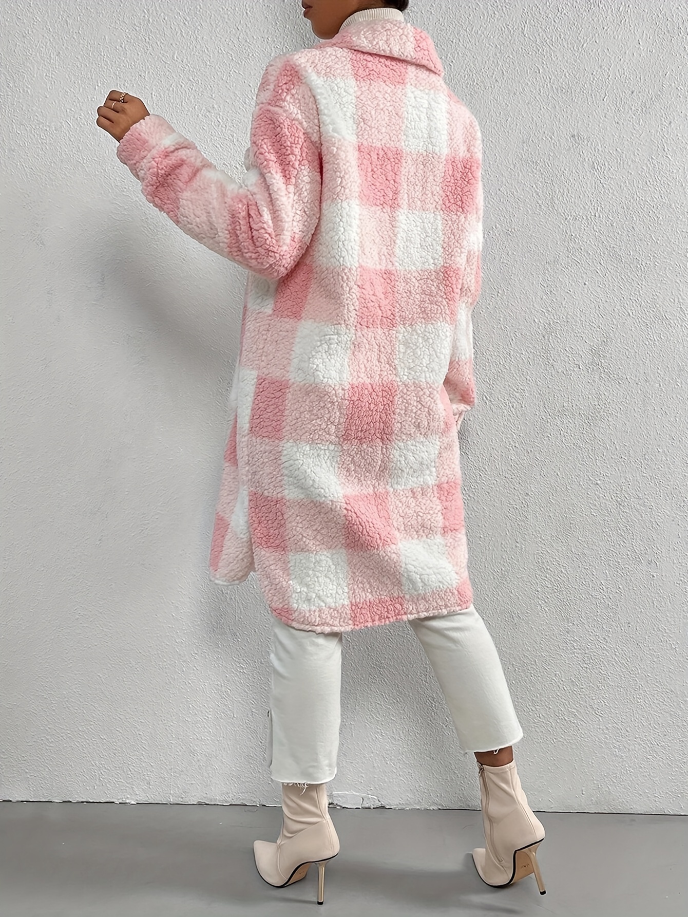 plaid pattern teddy coat elegant open front long sleeve outerwear womens clothing details 12