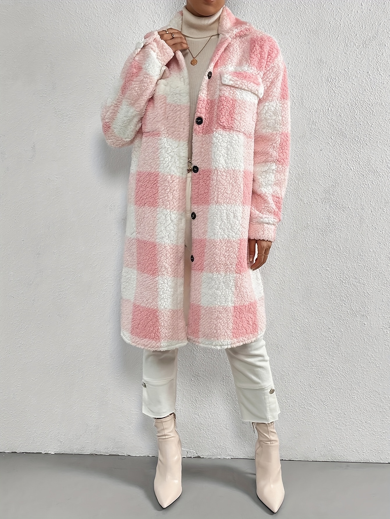 plaid pattern teddy coat elegant open front long sleeve outerwear womens clothing details 16