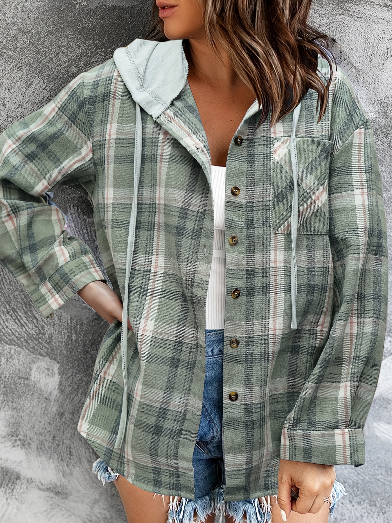 plaid print hooded jacket casual drawstring long sleeve button front outerwear for spring fall womens clothing details 0