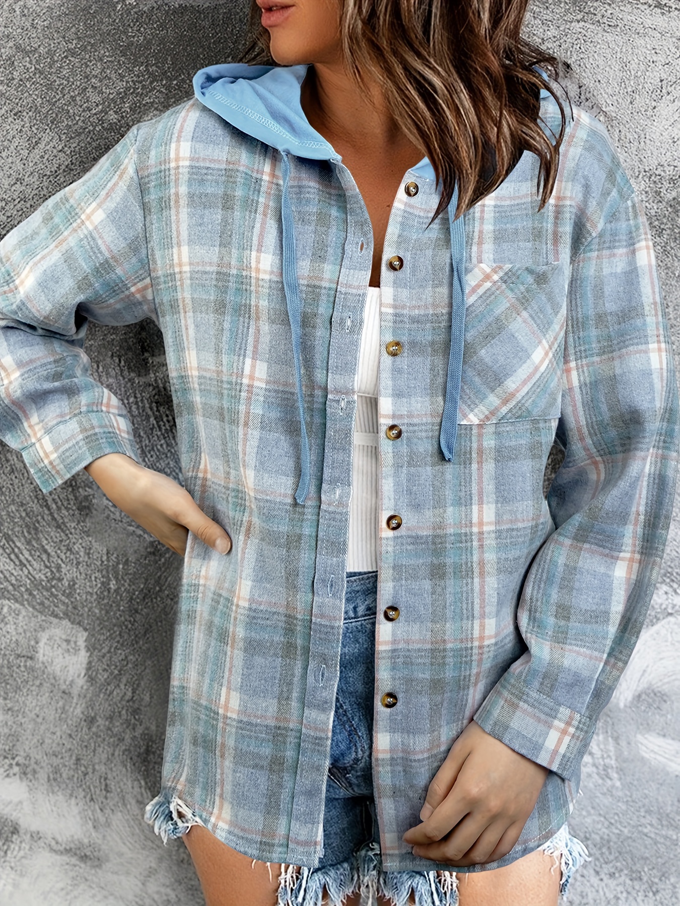 plaid print hooded jacket casual drawstring long sleeve button front outerwear for spring fall womens clothing details 12