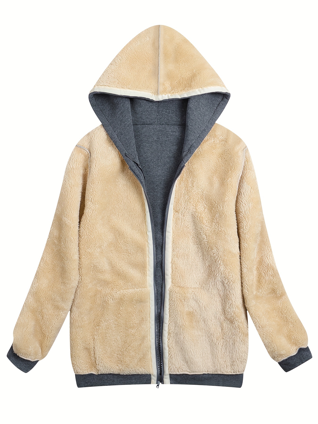 fuzzy hooded jacket casual zip up drawstring long sleeve solid outerwear womens clothing details 2