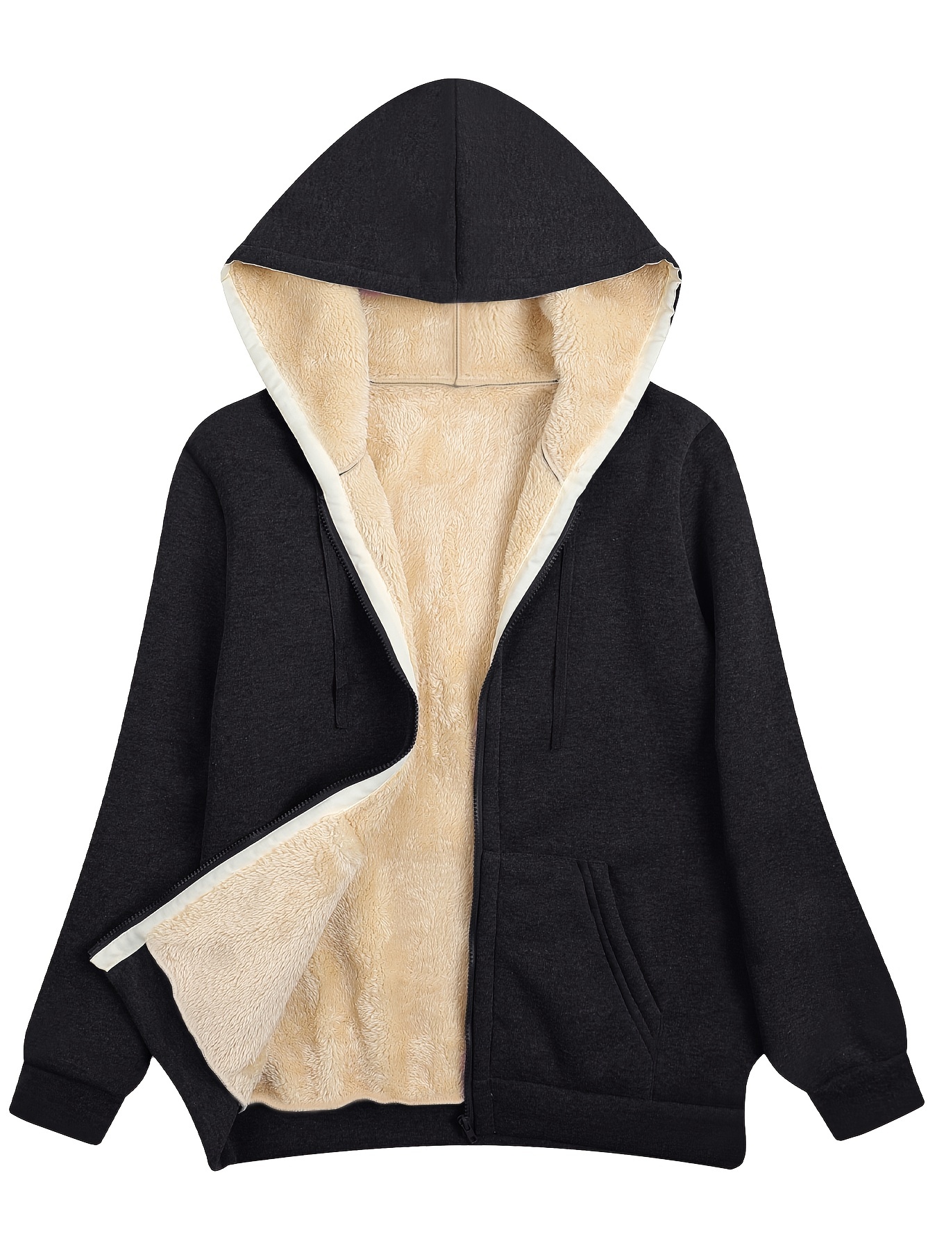 fuzzy hooded jacket casual zip up drawstring long sleeve solid outerwear womens clothing details 5