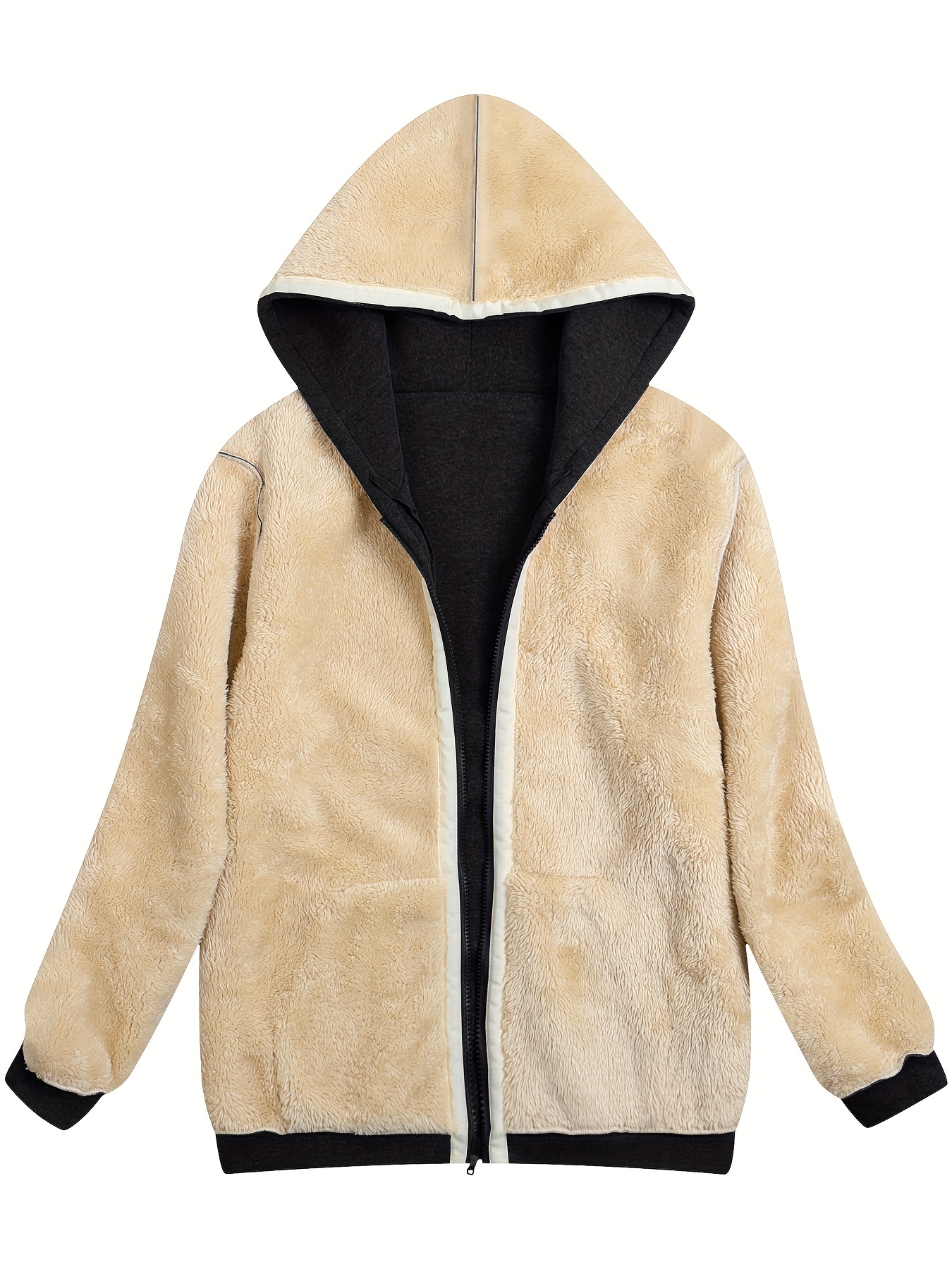 fuzzy hooded jacket casual zip up drawstring long sleeve solid outerwear womens clothing details 7