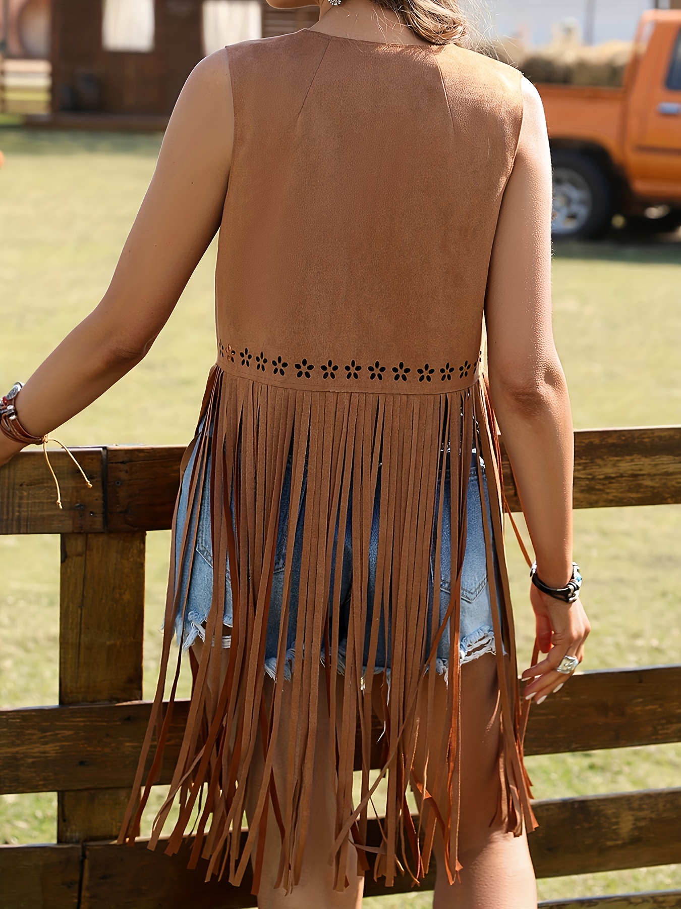 hippie eyelet fringe sleeveless jacket open front tassel jacket for all seasons womens clothing details 10