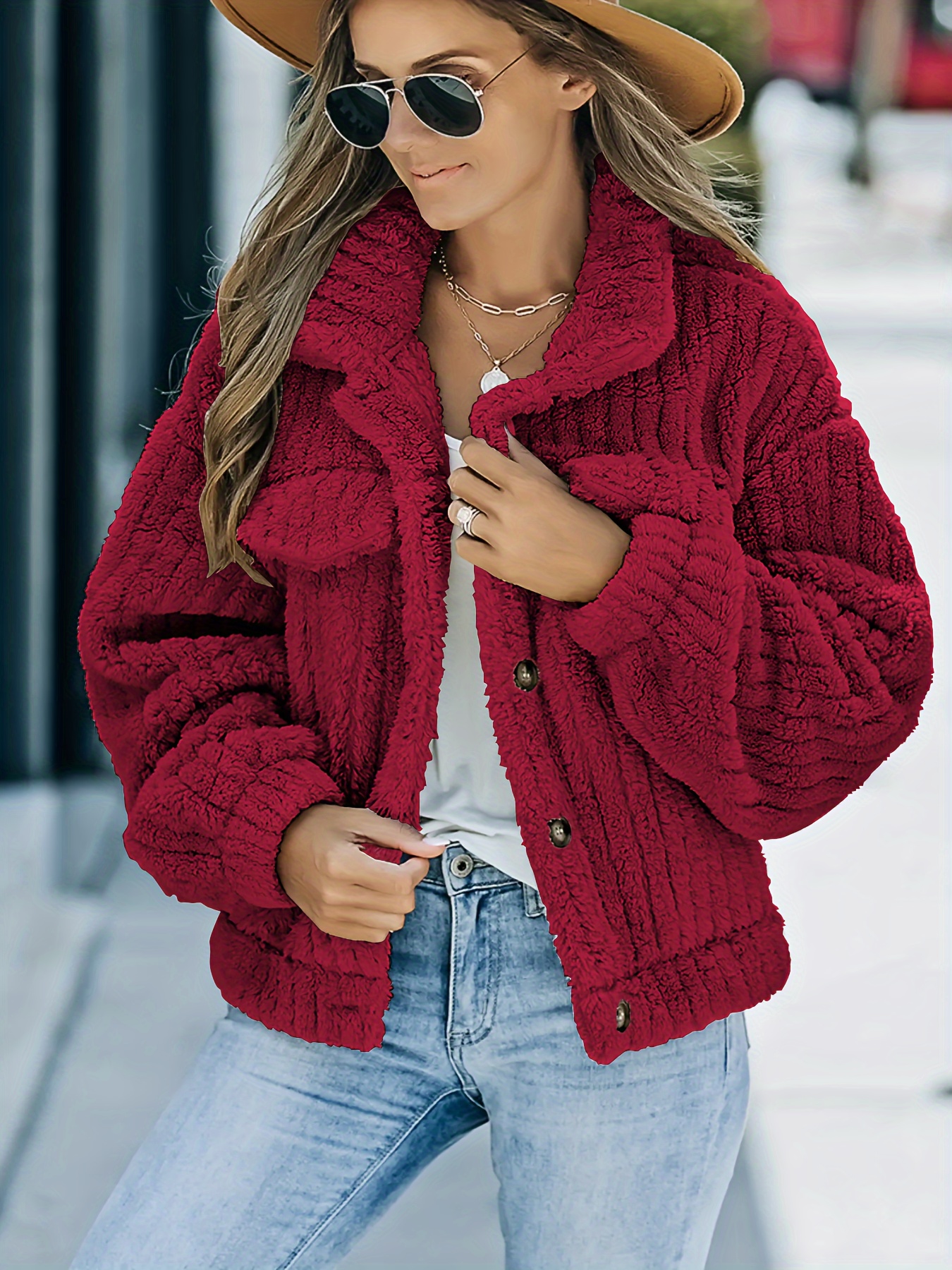 solid faux fur trucker jacket casual long sleeve jacket for fall winter womens clothing details 3