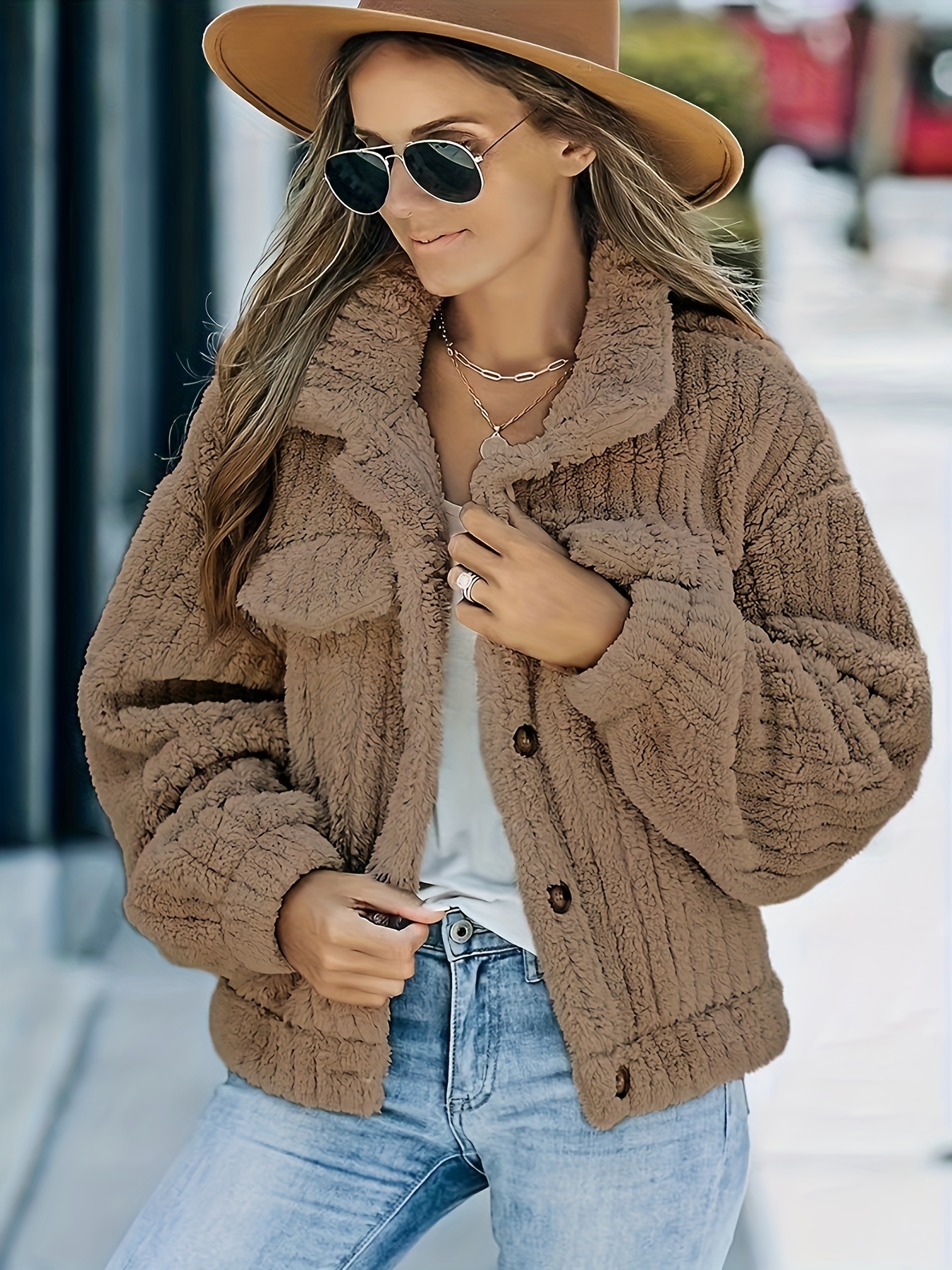 solid faux fur trucker jacket casual long sleeve jacket for fall winter womens clothing details 8