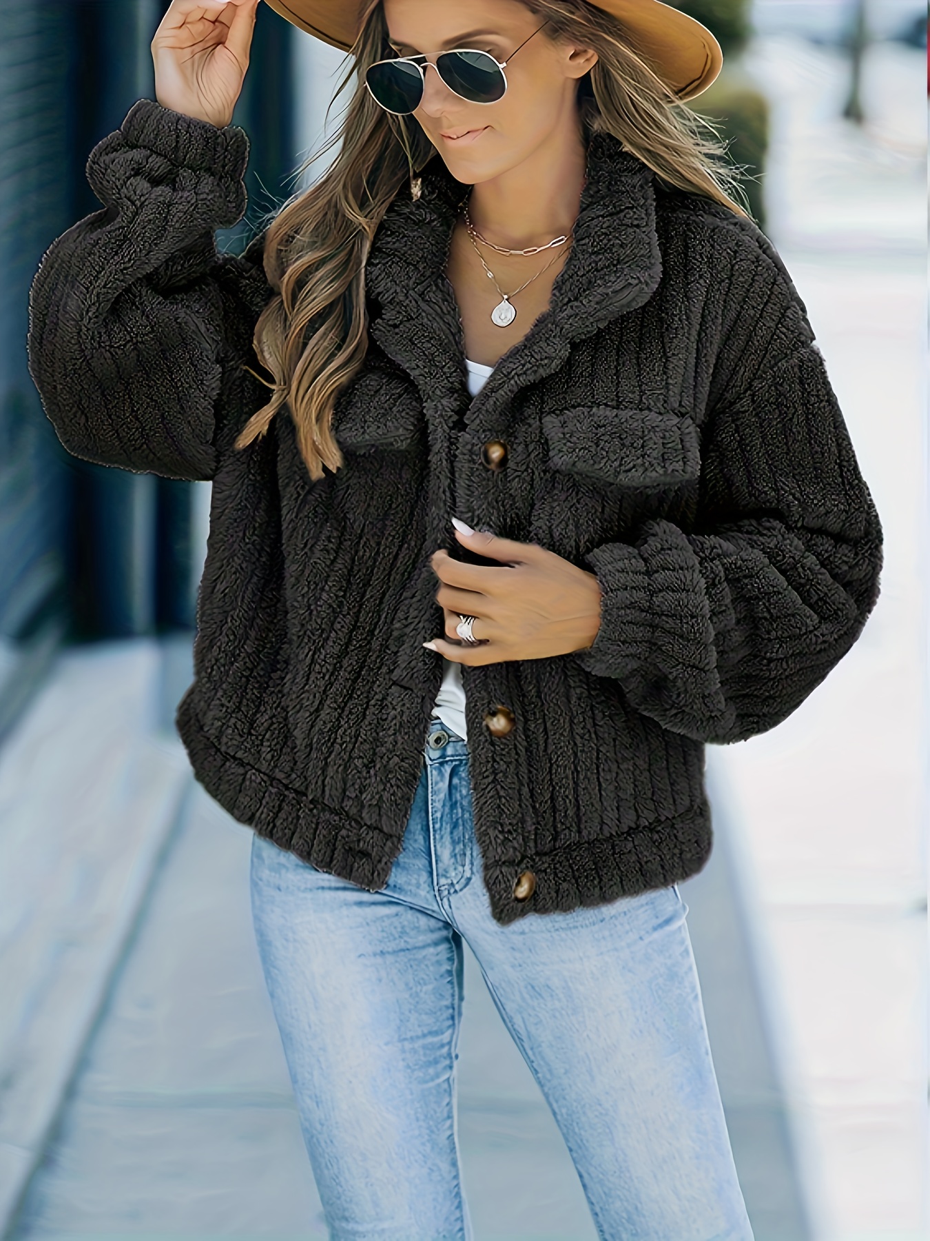 solid faux fur trucker jacket casual long sleeve jacket for fall winter womens clothing details 9