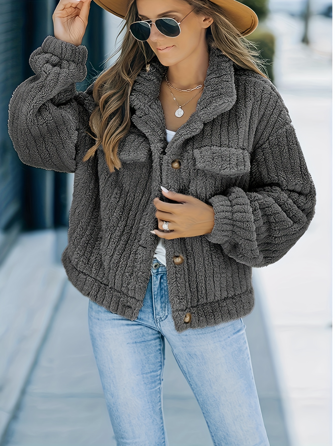 solid faux fur trucker jacket casual long sleeve jacket for fall winter womens clothing details 15