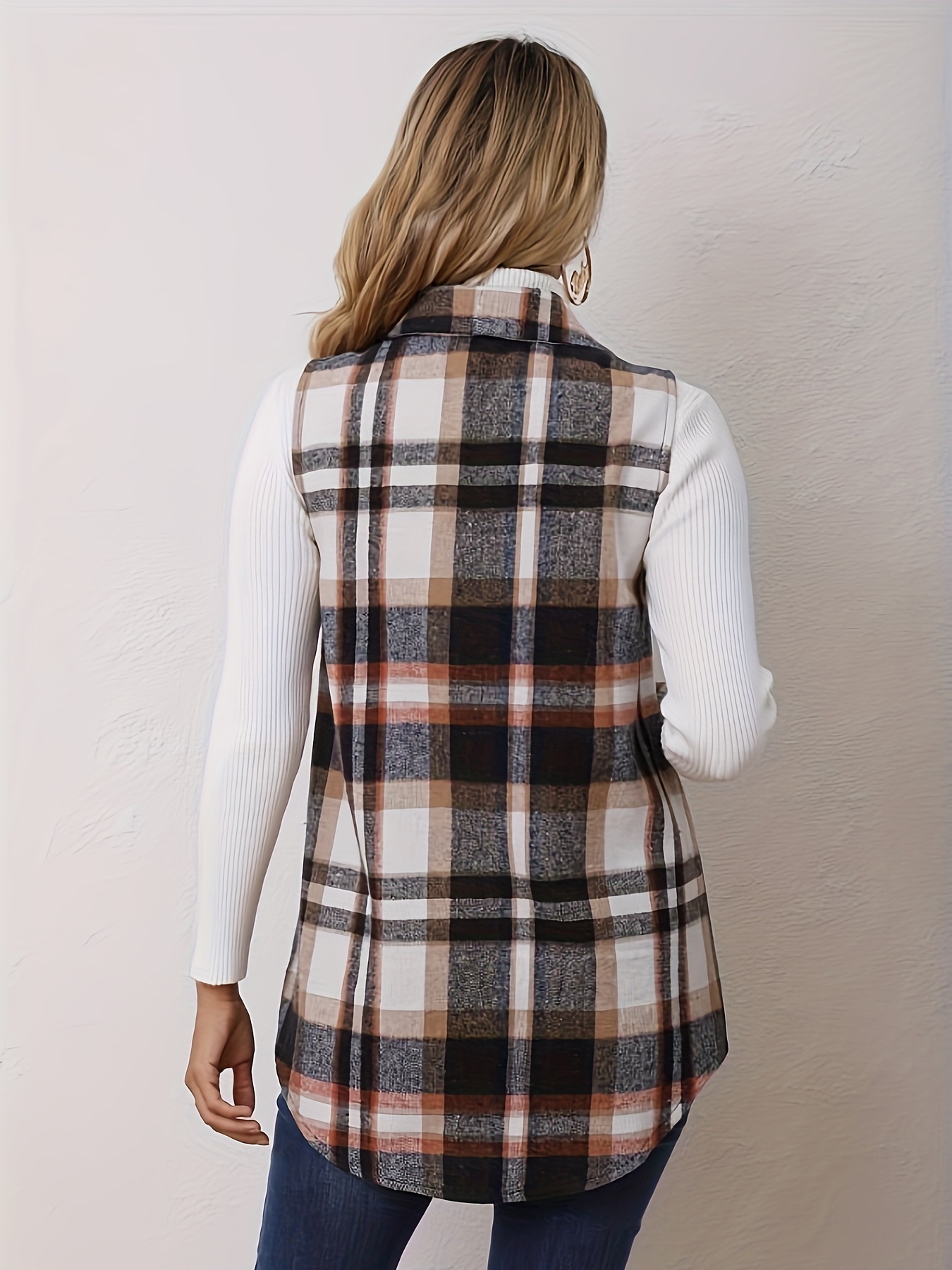 plaid pattern sleeveless vest casual button front vest womens clothing details 7