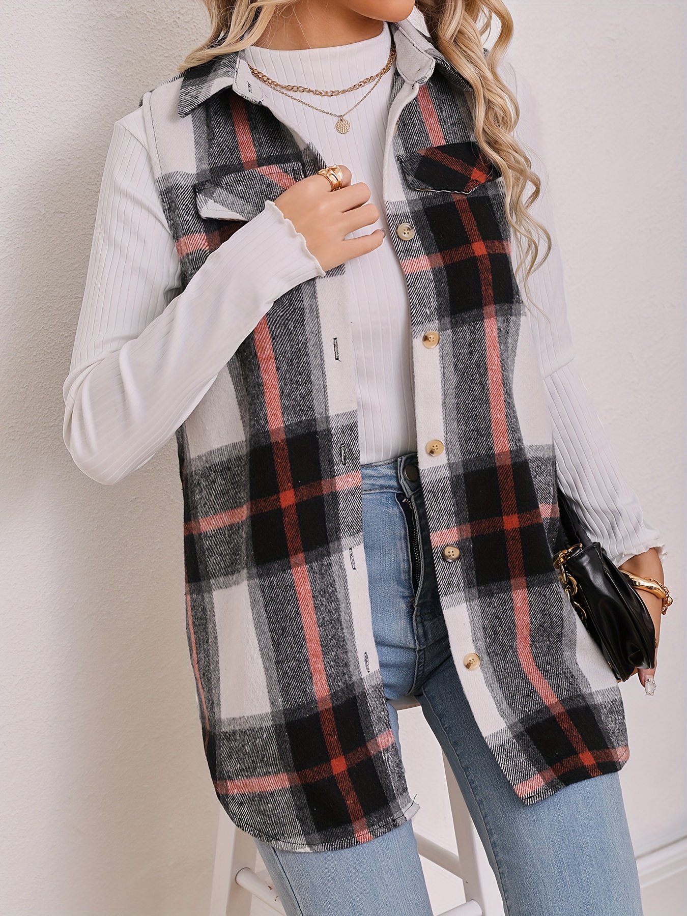 plaid pattern sleeveless vest casual button front vest womens clothing details 13