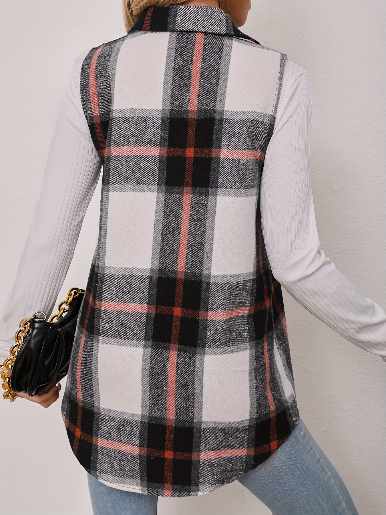 plaid pattern sleeveless vest casual button front vest womens clothing details 14