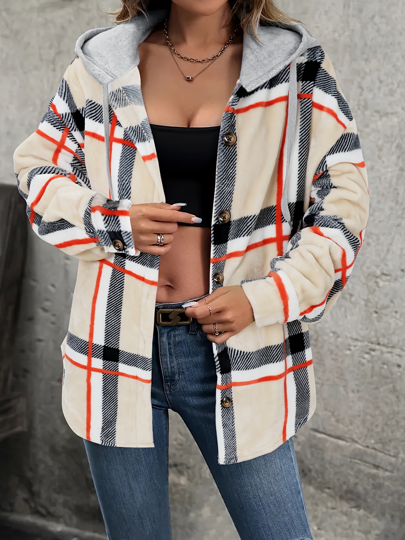 plaid single button hooded jacket casual drawstring jacket for fall womens clothing details 4