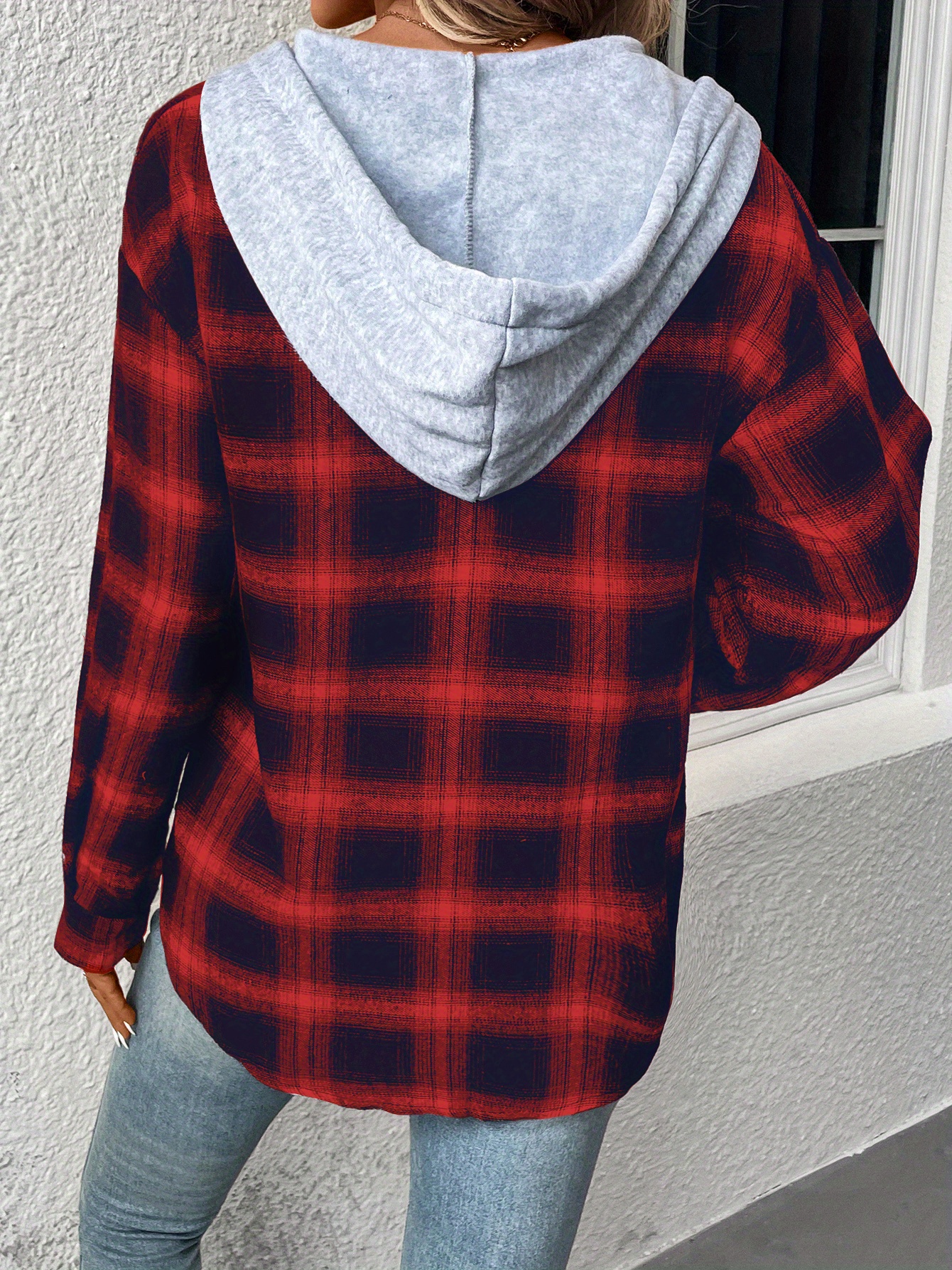 plaid print hooded jacket casual drawstring long sleeve button front outerwear womens clothing details 2