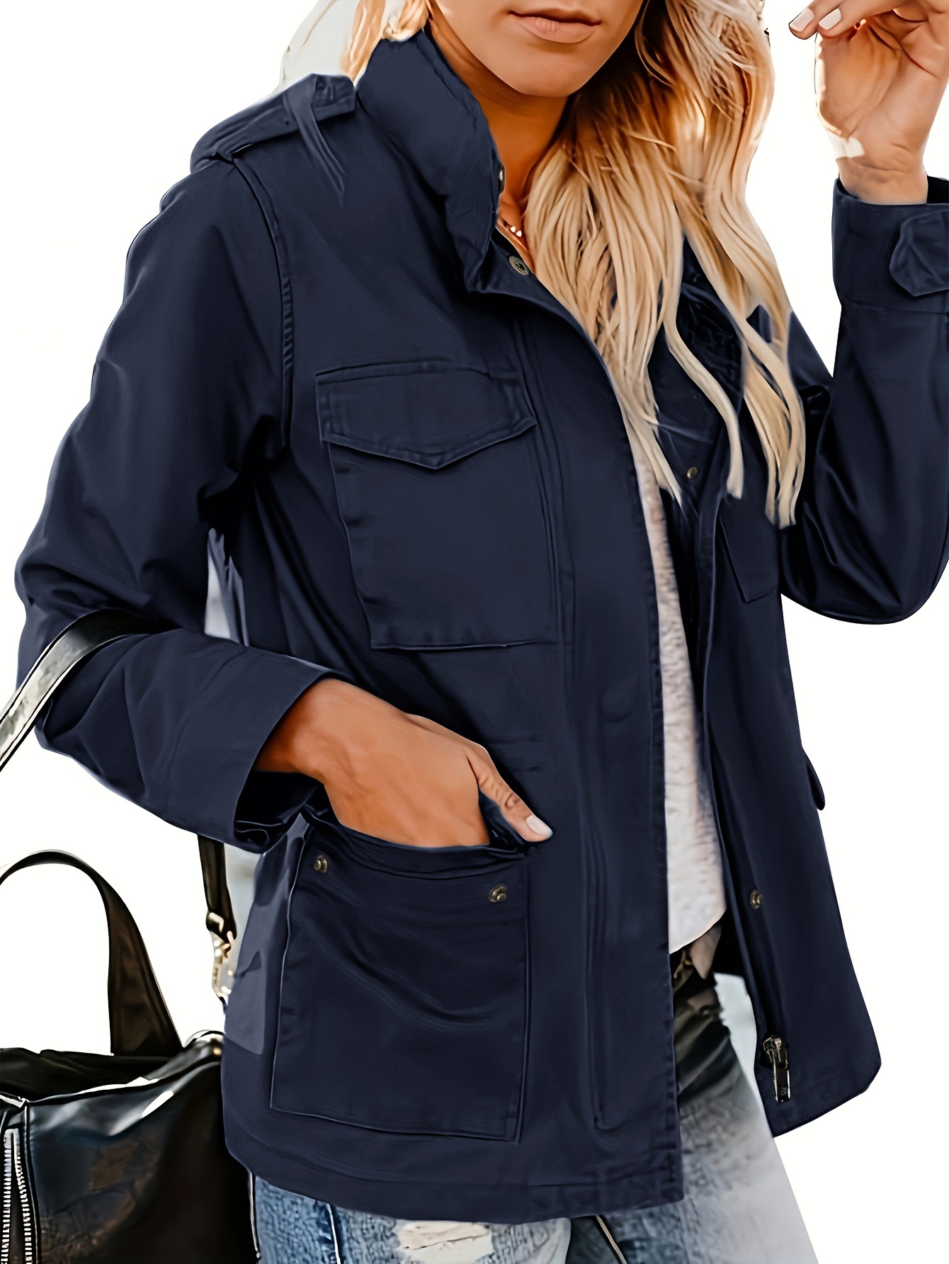 solid stand collar long sleeve pockets jacket winter warm zipper button casual outerwear womens clothing details 5