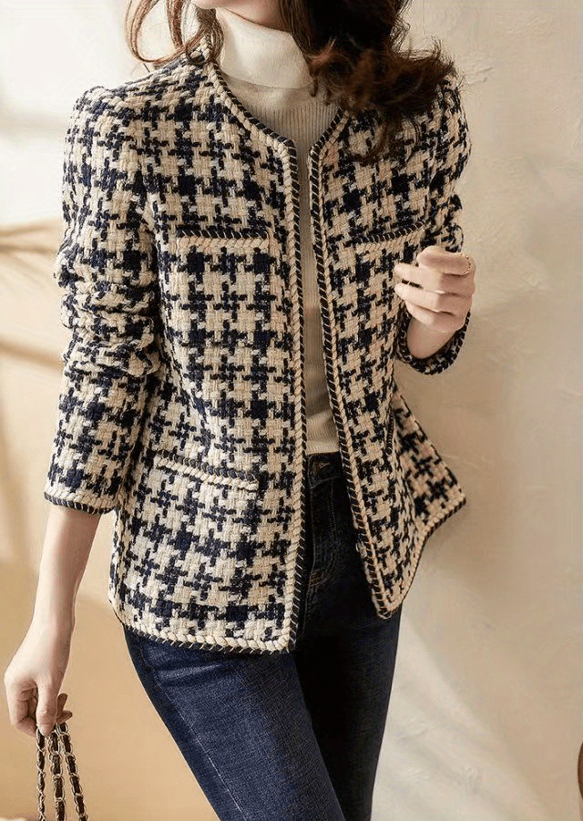 plaid pattern jacket elegant crew neck open front long sleeve outerwear womens clothing details 1