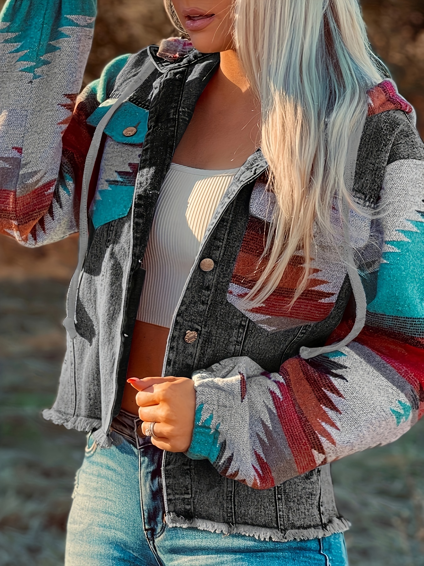 multicolor aztec print frayed hem denim jacket street pockets loose outerwear womens clothing details 0