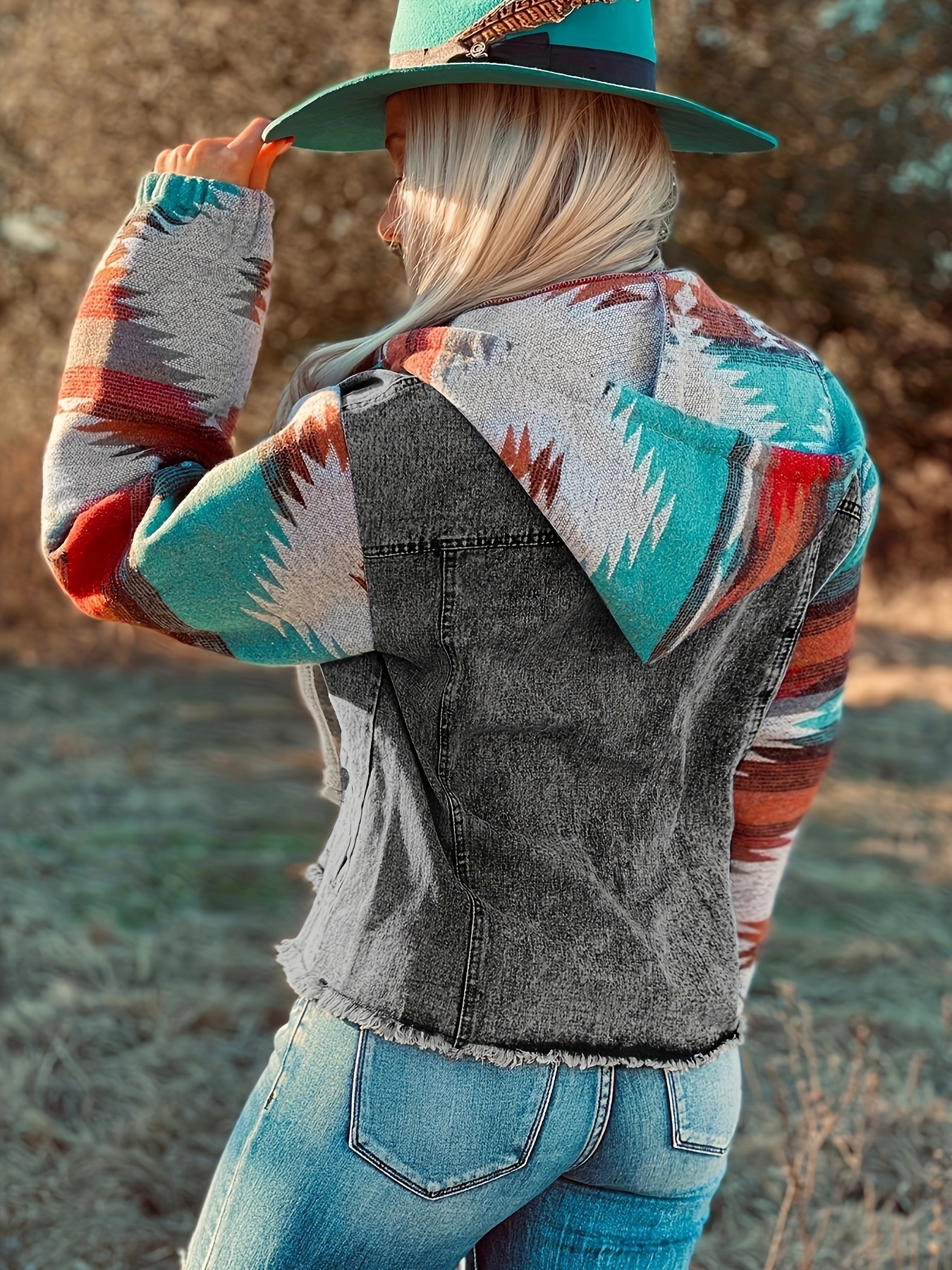 multicolor aztec print frayed hem denim jacket street pockets loose outerwear womens clothing details 1