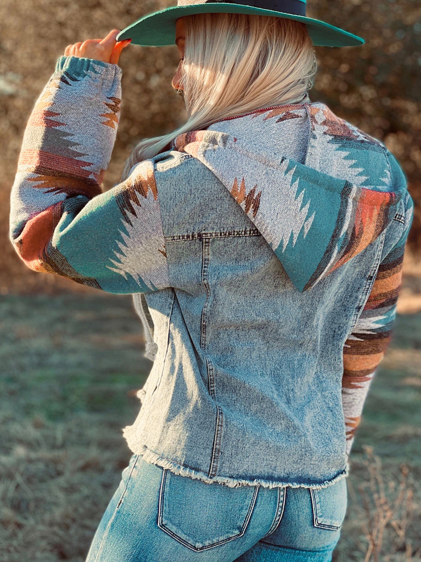 multicolor aztec print frayed hem denim jacket street pockets loose outerwear womens clothing details 5