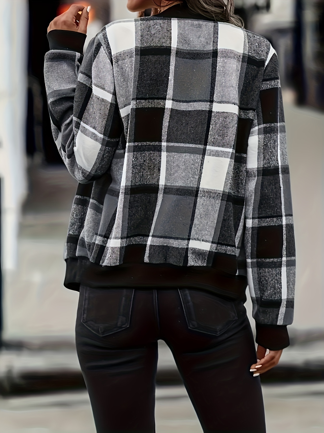 plaid zipper front jcaket casual long sleeve jacket for spring fall womens clothing details 4