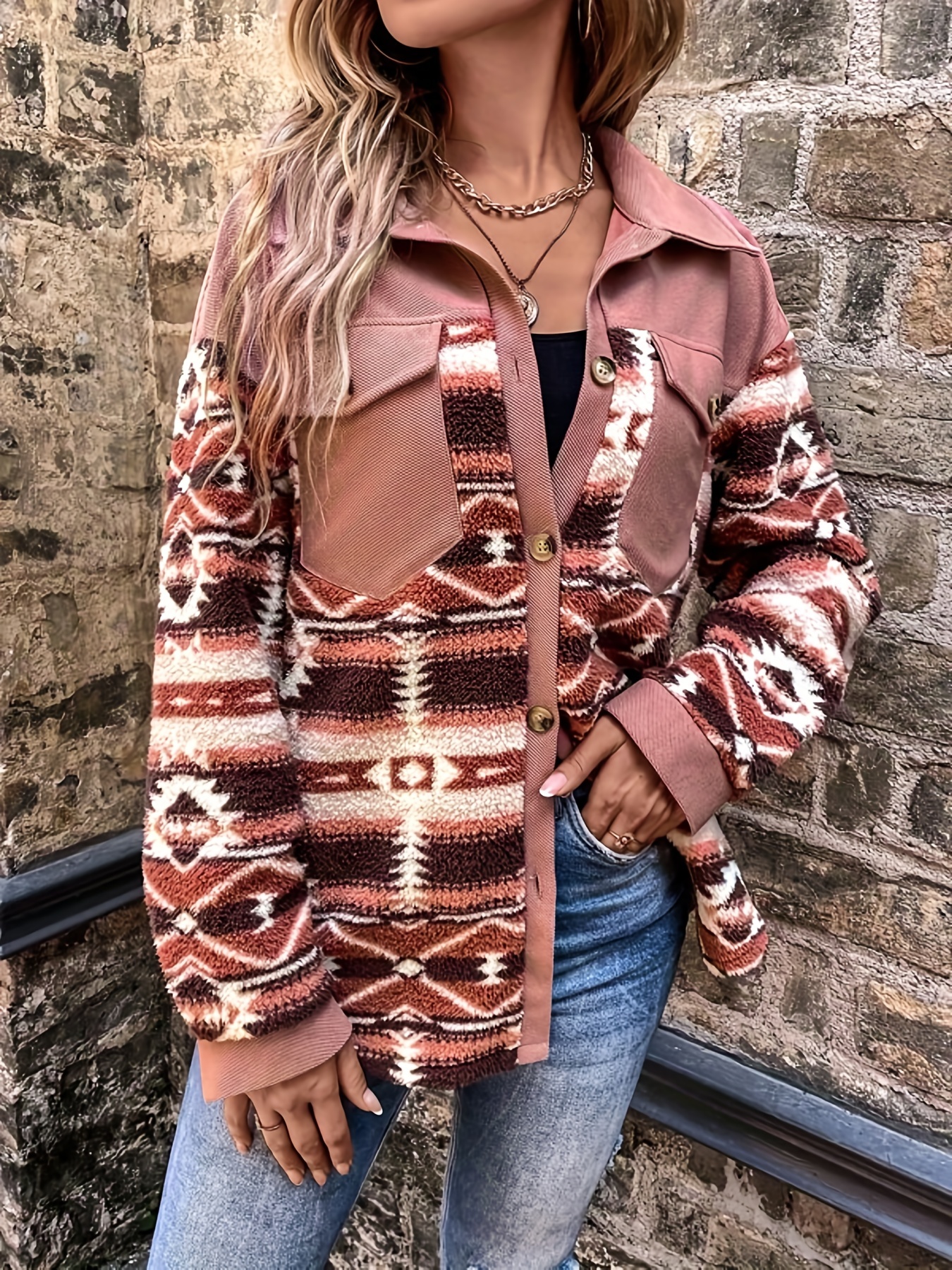 aztec pattern teddy jacket casual button front long sleeve outerwear womens clothing details 1