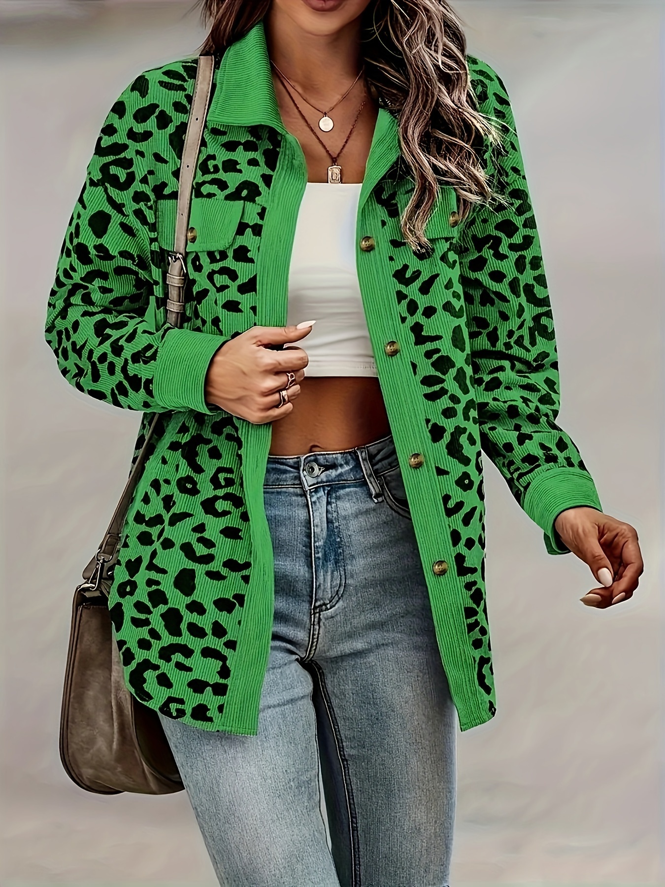 leopard print button plaid jacket casual flap pockets long sleeve jacket for fall winter womens clothing details 0