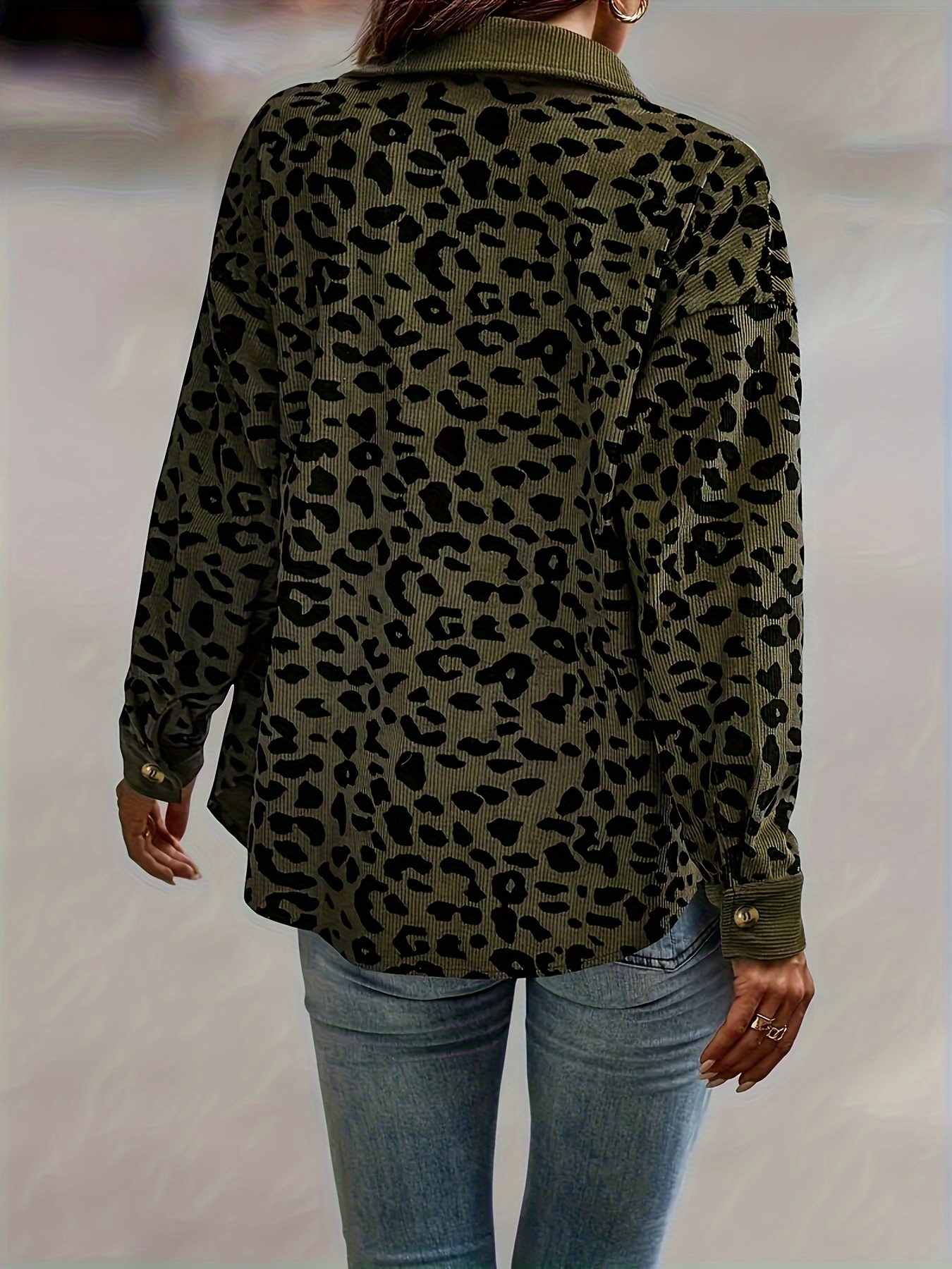 leopard print button plaid jacket casual flap pockets long sleeve jacket for fall winter womens clothing details 4