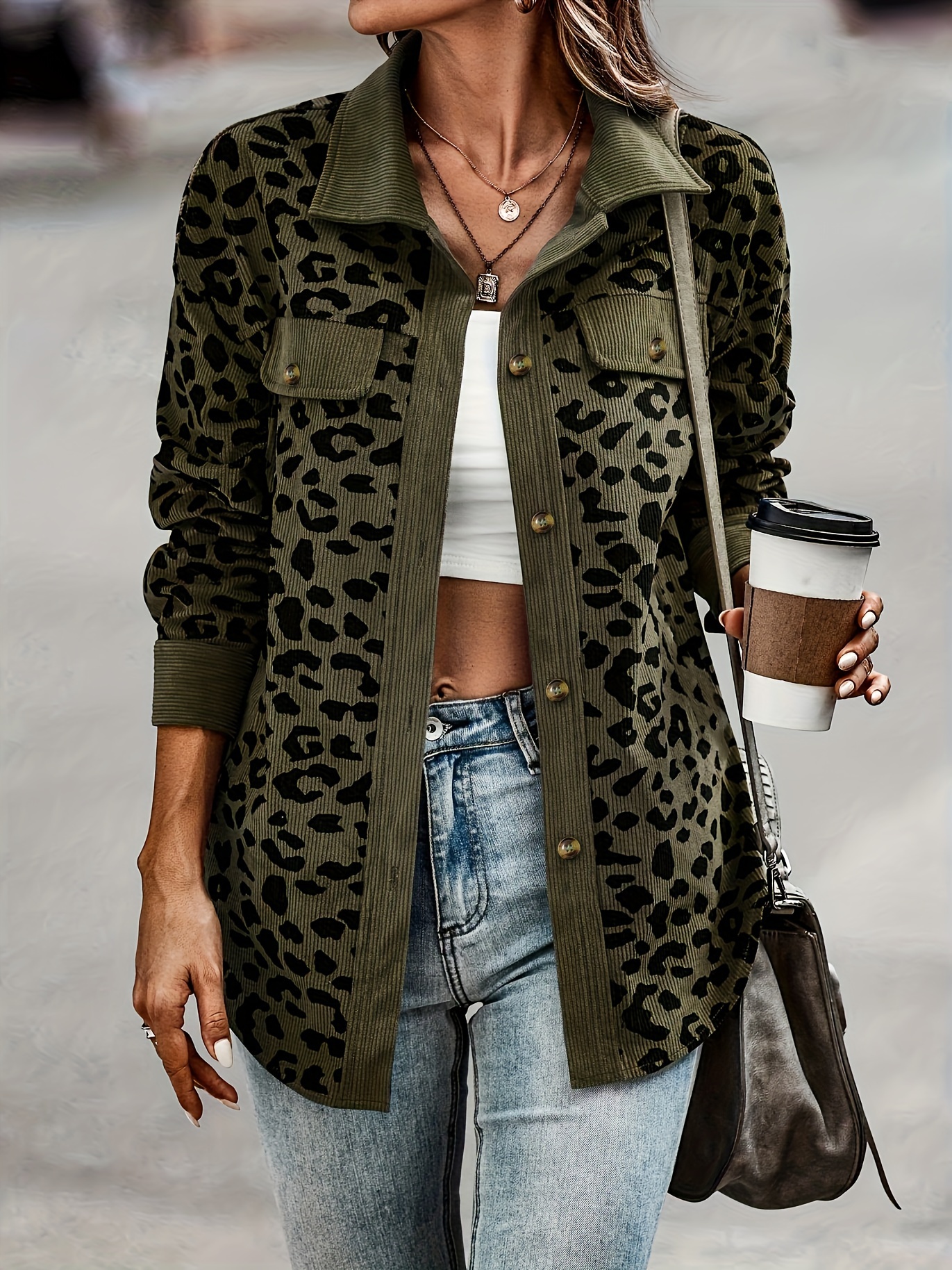 leopard print button plaid jacket casual flap pockets long sleeve jacket for fall winter womens clothing details 5