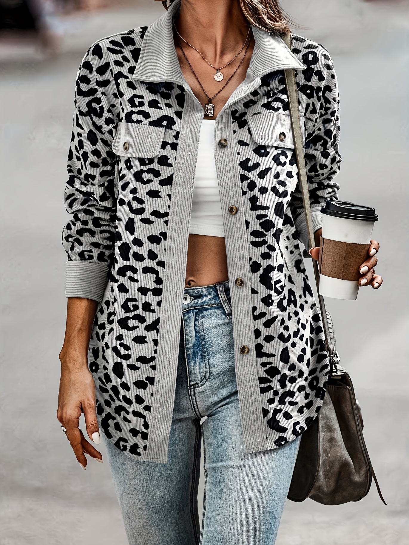 leopard print button plaid jacket casual flap pockets long sleeve jacket for fall winter womens clothing details 8