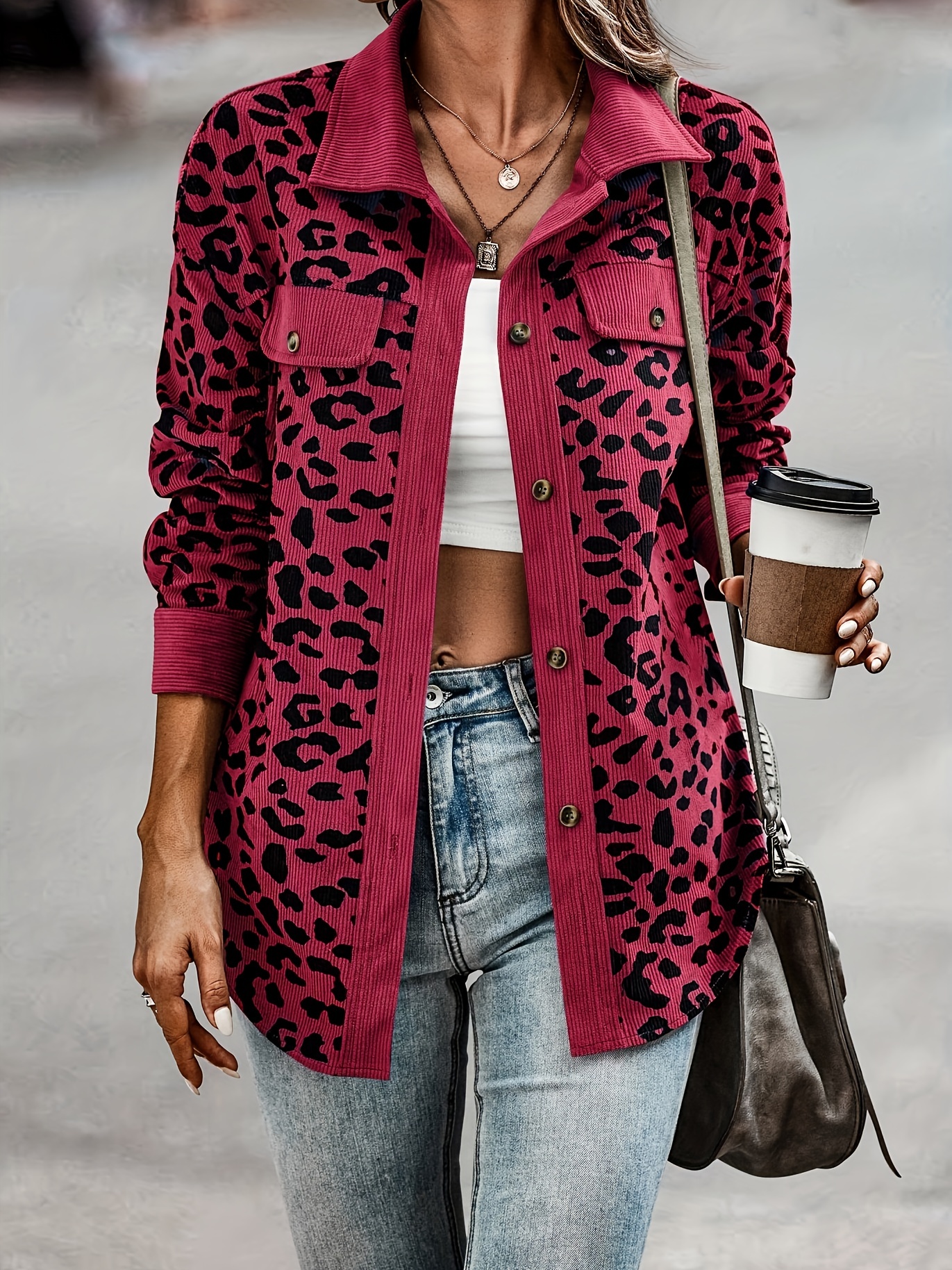 leopard print button plaid jacket casual flap pockets long sleeve jacket for fall winter womens clothing details 14