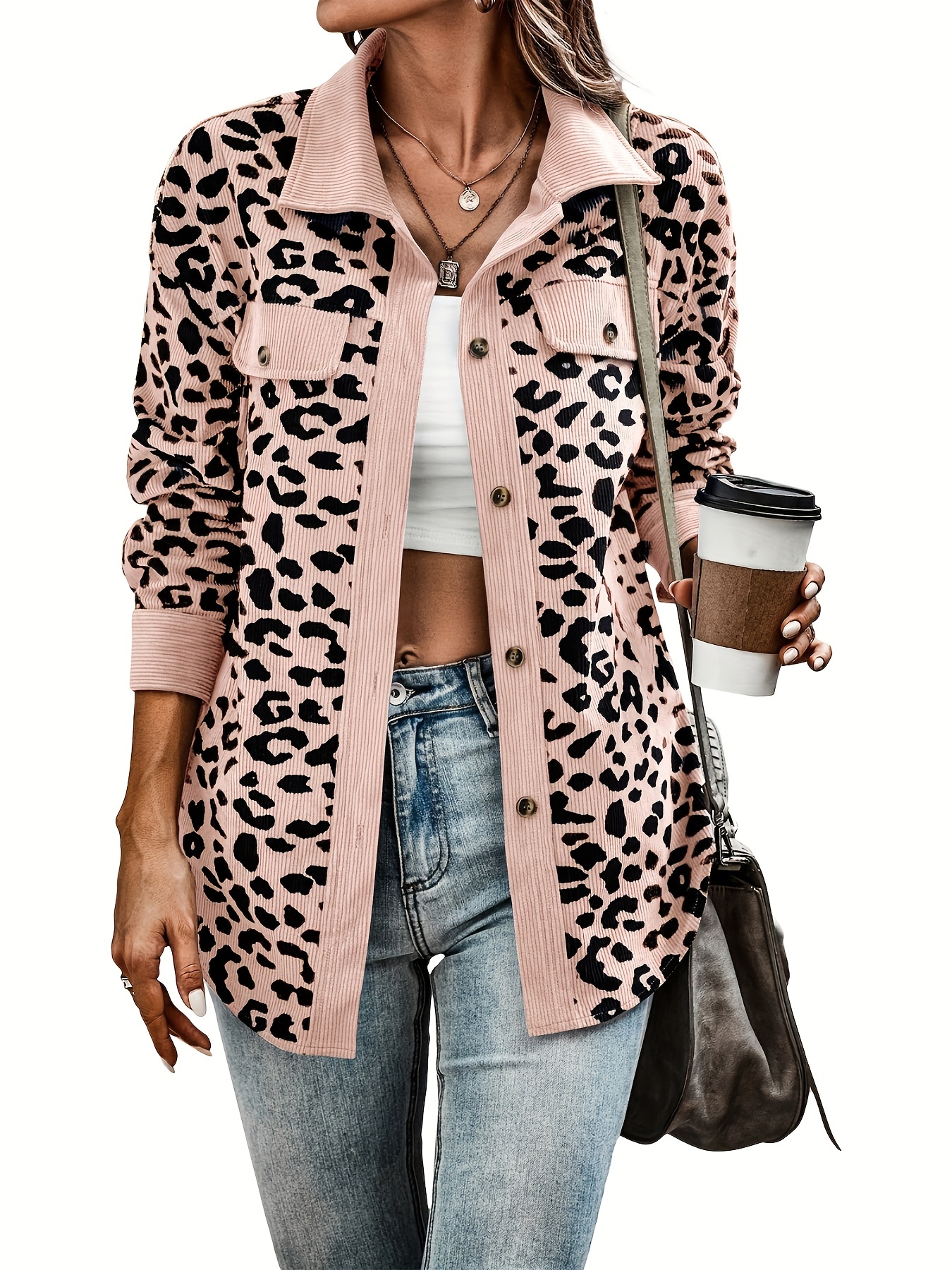 leopard print button plaid jacket casual flap pockets long sleeve jacket for fall winter womens clothing details 17