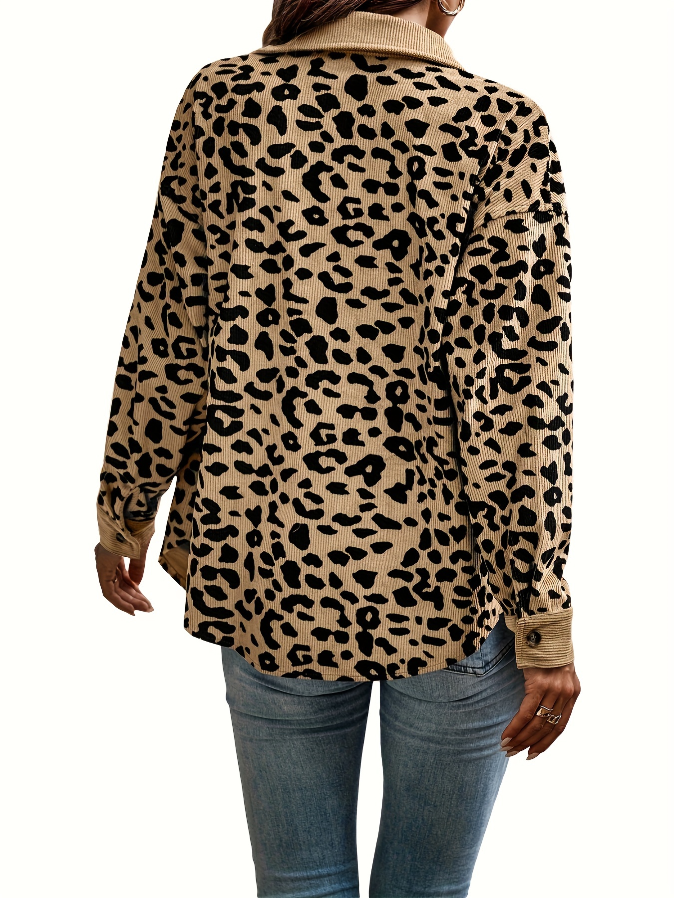 leopard print button plaid jacket casual flap pockets long sleeve jacket for fall winter womens clothing details 19