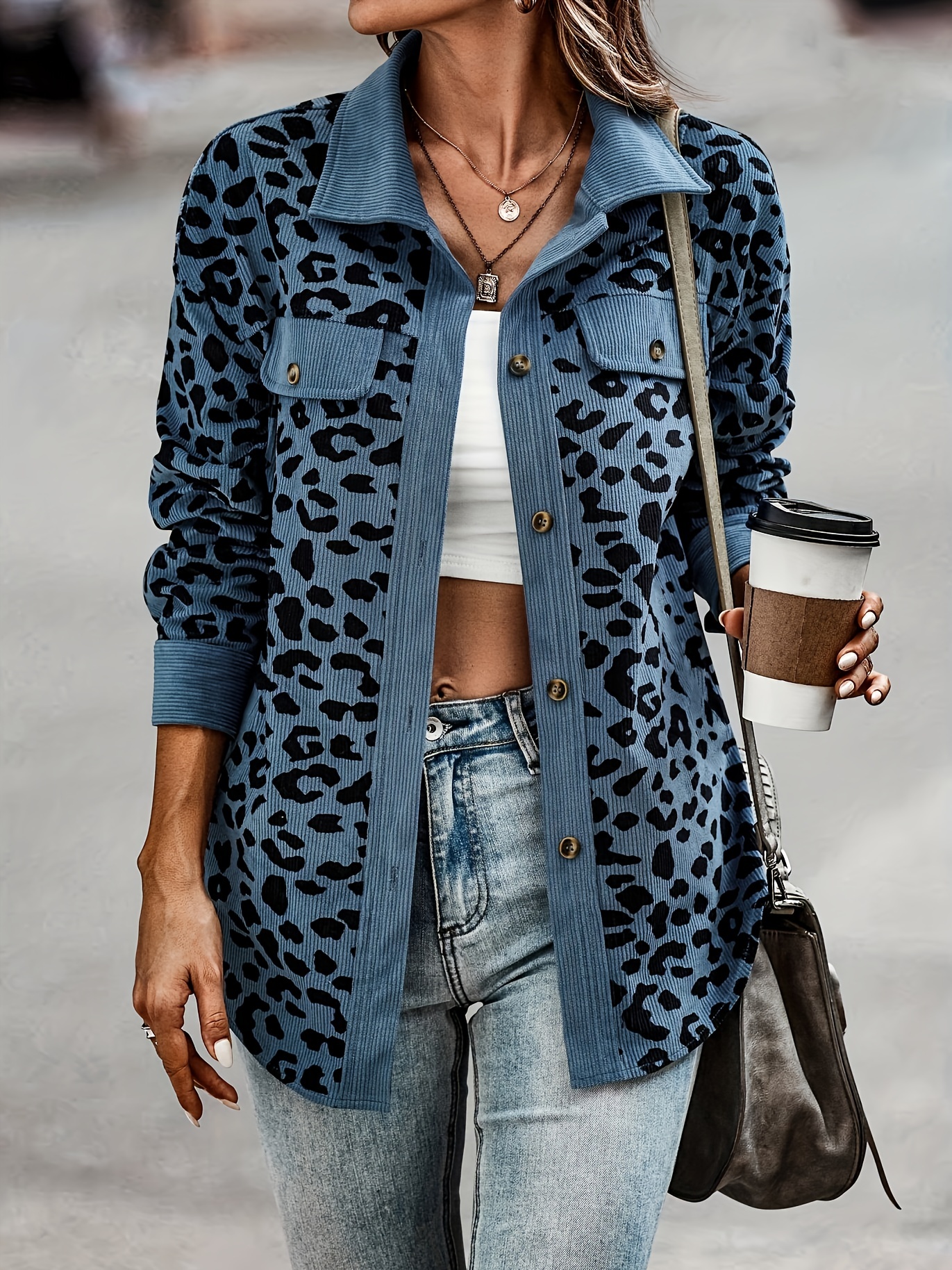 leopard print button plaid jacket casual flap pockets long sleeve jacket for fall winter womens clothing details 23