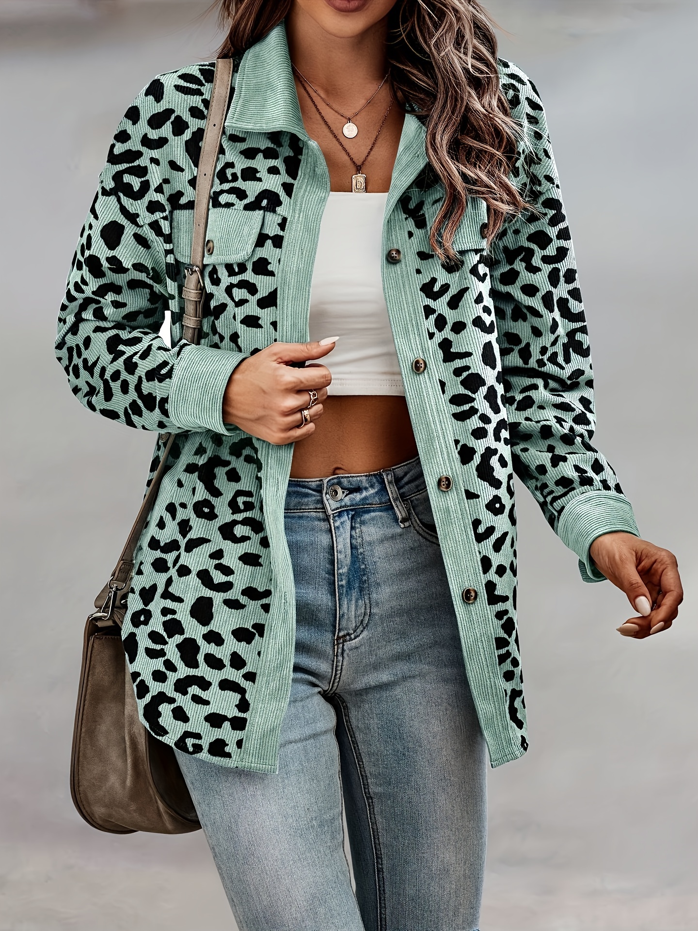 leopard print button plaid jacket casual flap pockets long sleeve jacket for fall winter womens clothing details 24