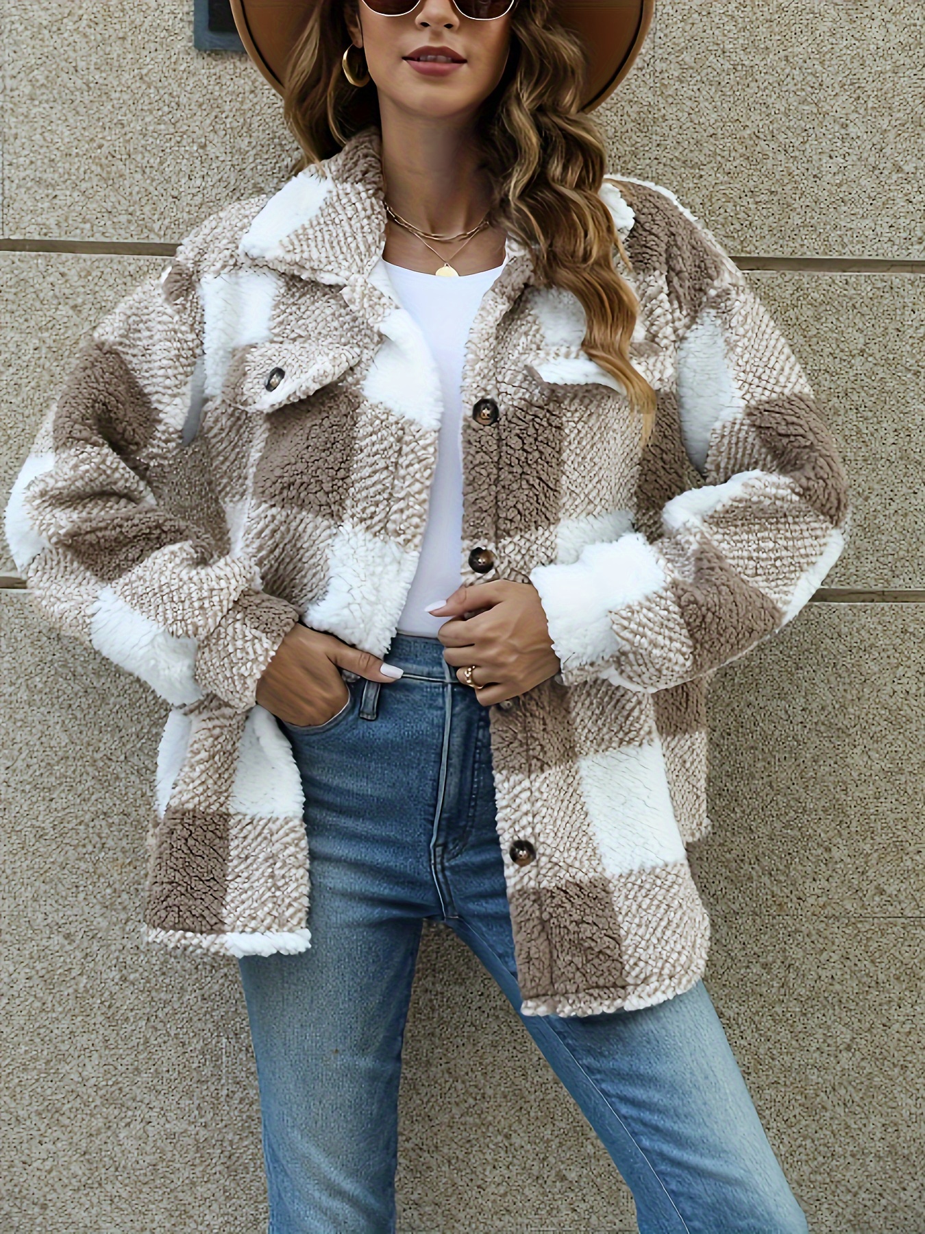 plaid pattern teddy coat casual button front long sleeve winter outerwear womens clothing details 0