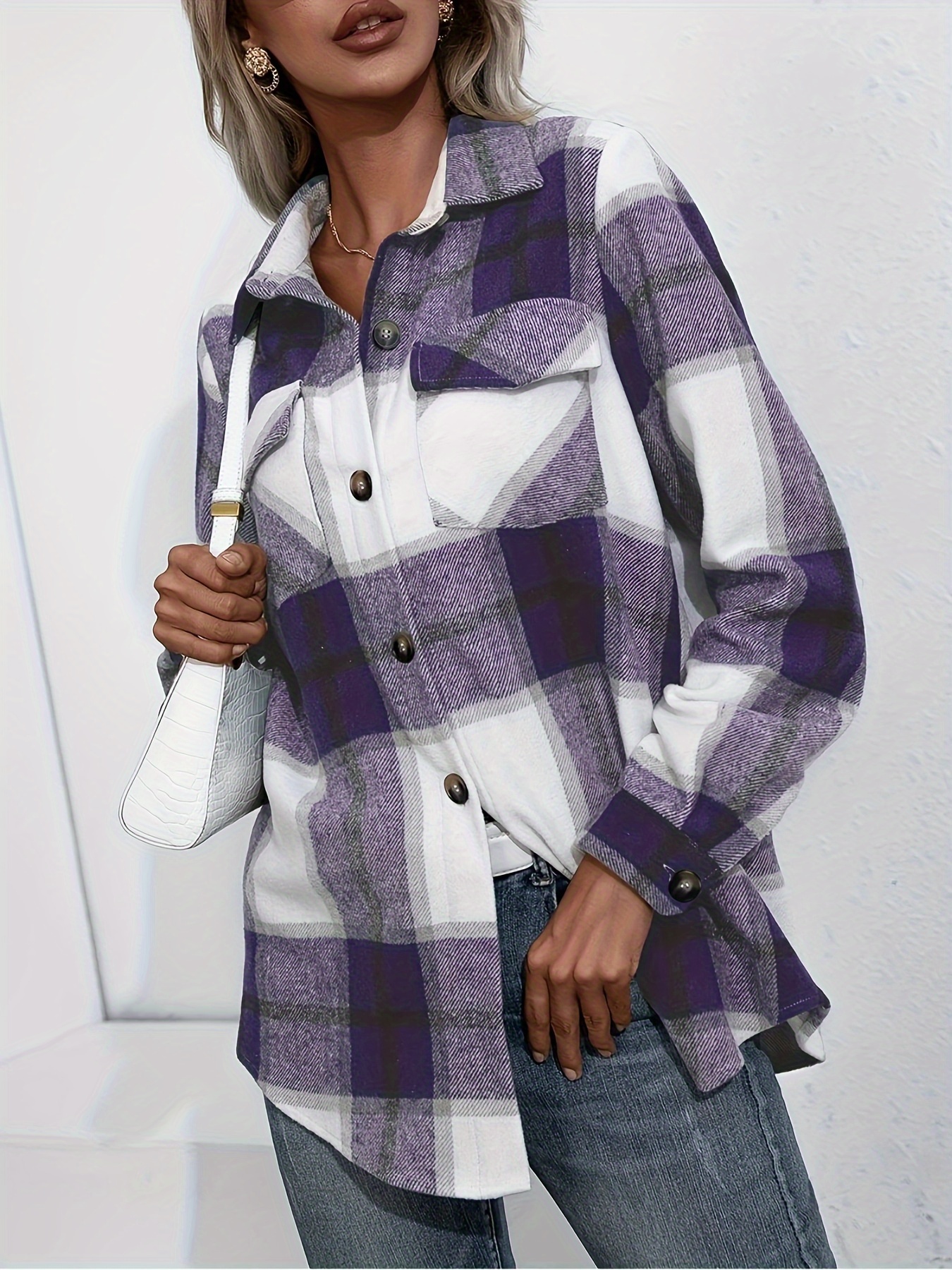 plaid button front jacket casual lapel long sleeve outwear womens clothing details 7