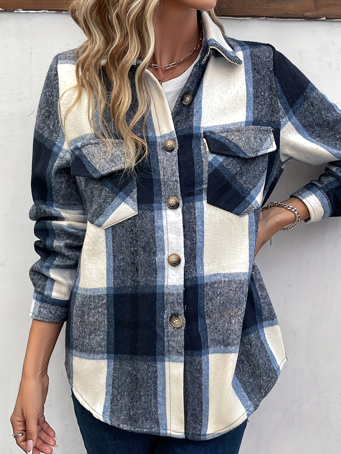 plaid button front jacket casual lapel long sleeve outwear womens clothing details 10