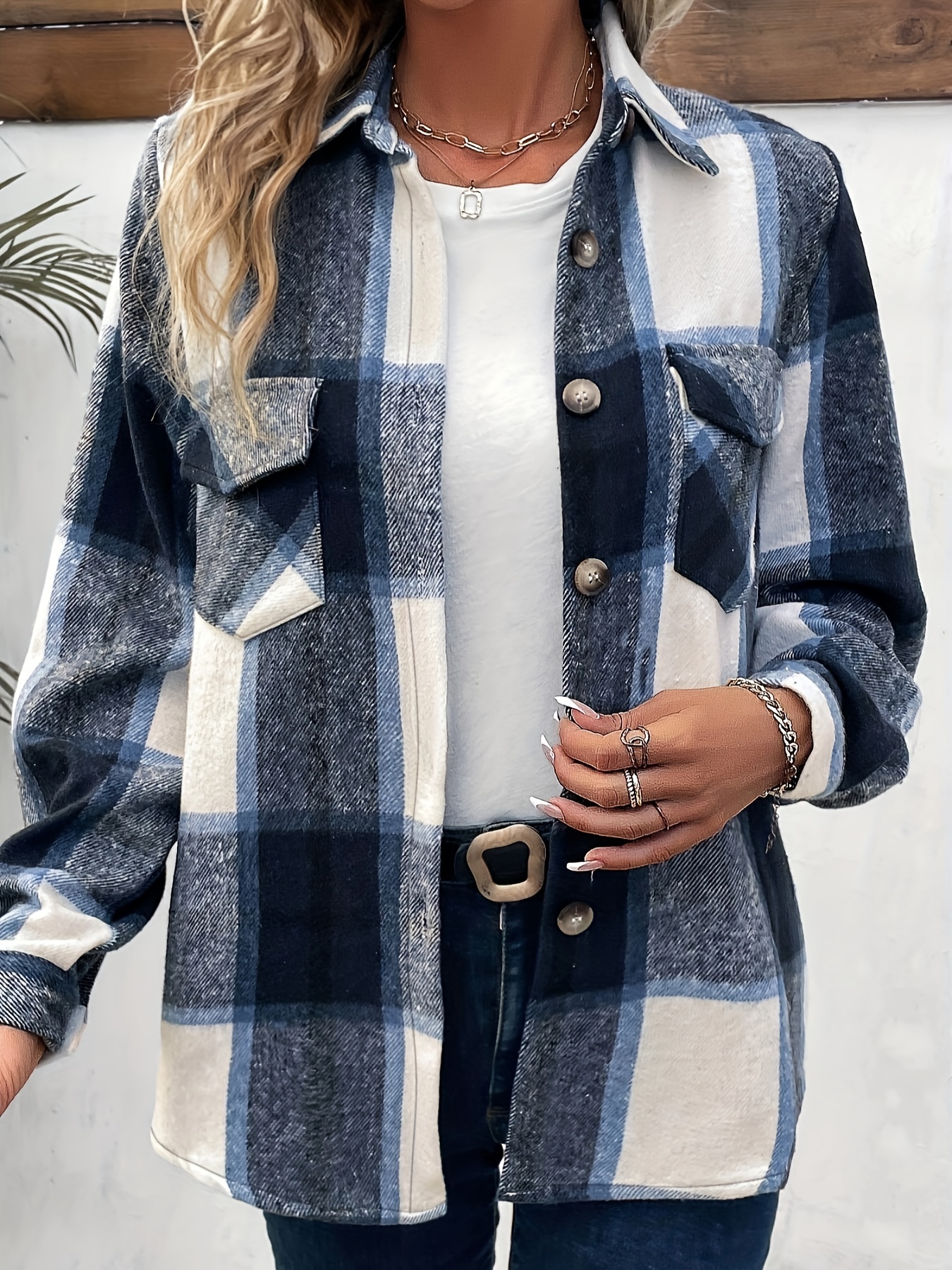 plaid button front jacket casual lapel long sleeve outwear womens clothing details 11