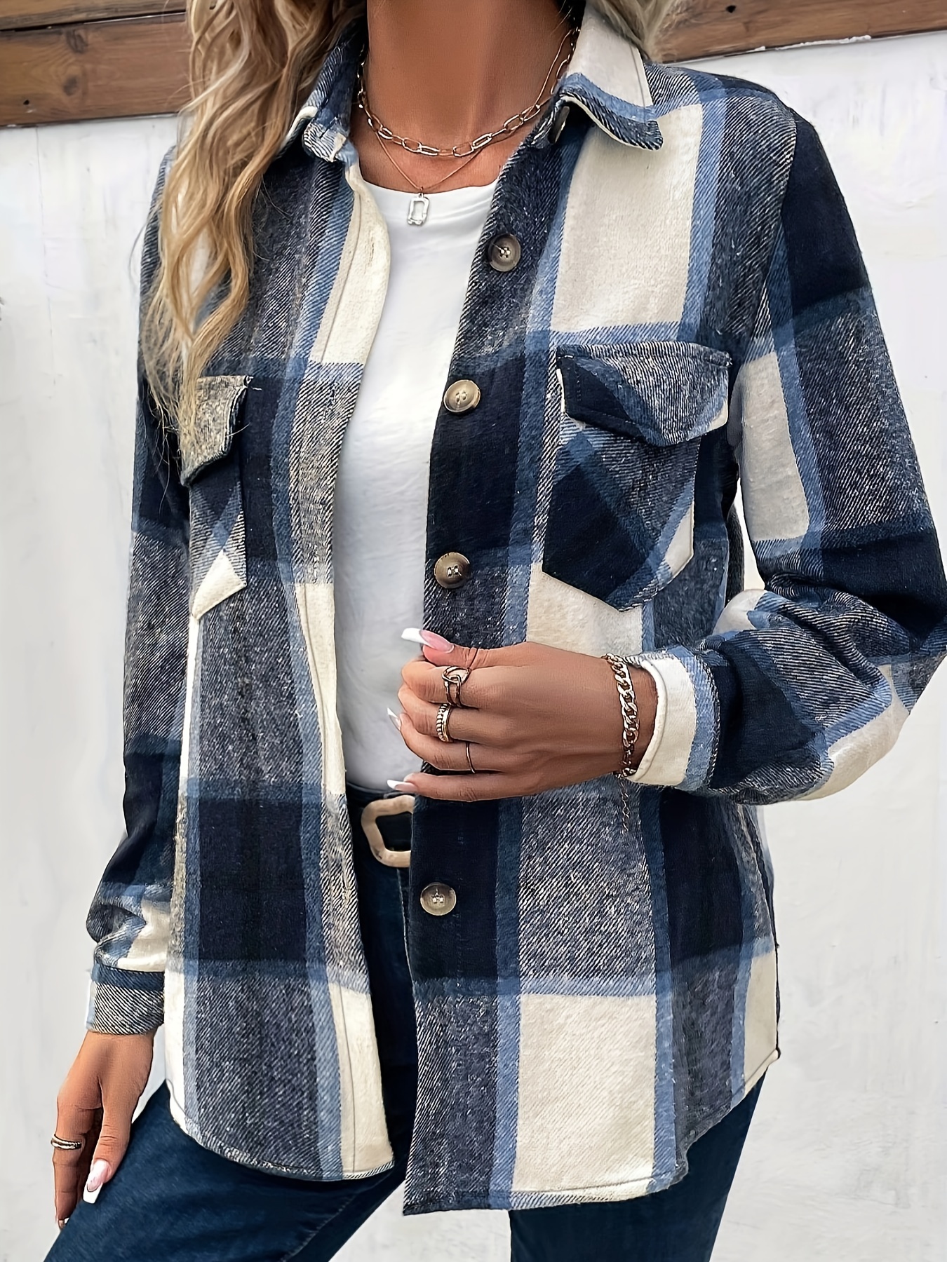 plaid button front jacket casual lapel long sleeve outwear womens clothing details 12