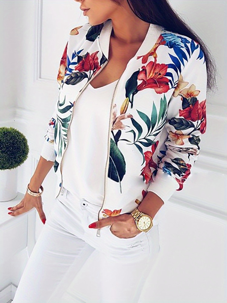 floral print zip up jacket casual long sleeve jacket for spring fall womens clothing details 0