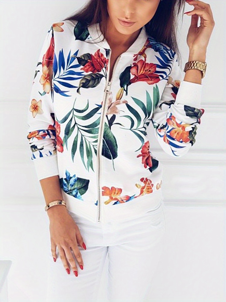 floral print zip up jacket casual long sleeve jacket for spring fall womens clothing details 1