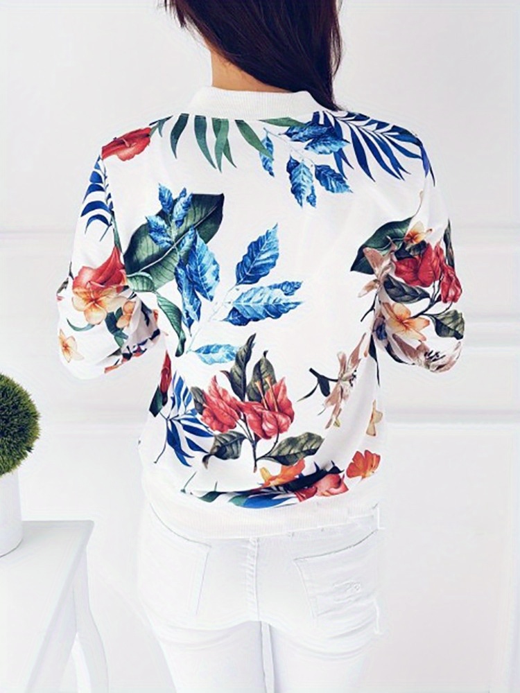 floral print zip up jacket casual long sleeve jacket for spring fall womens clothing details 2